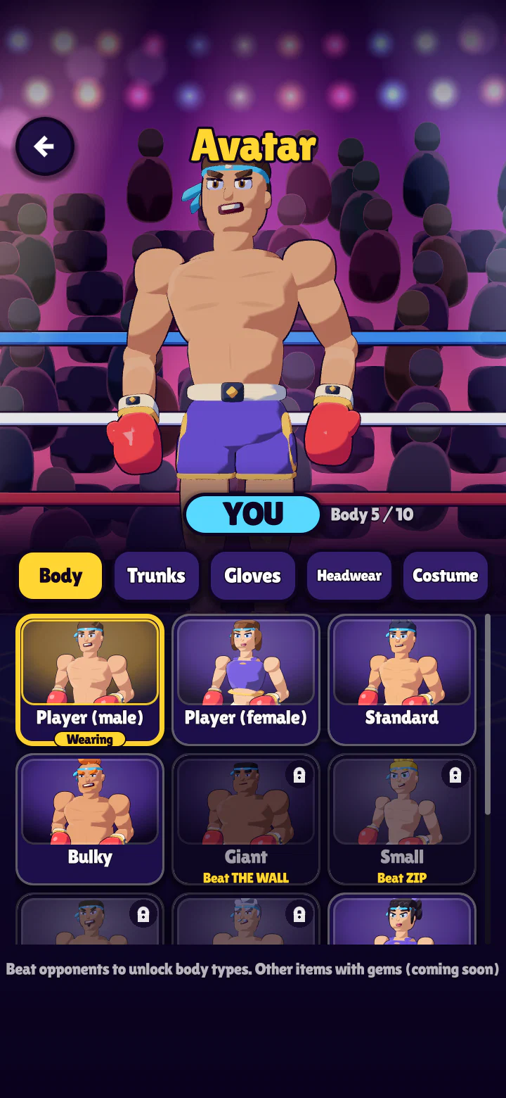 The avatar screen, choosing a body, trunks and gloves