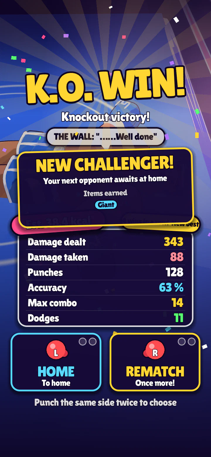 The result screen: K.O. WIN! with damage dealt and dodges