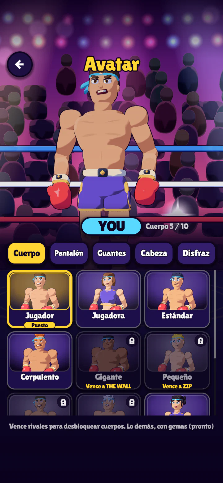 La pantalla de avatar, eligiendo cuerpo, pantalón y guantes