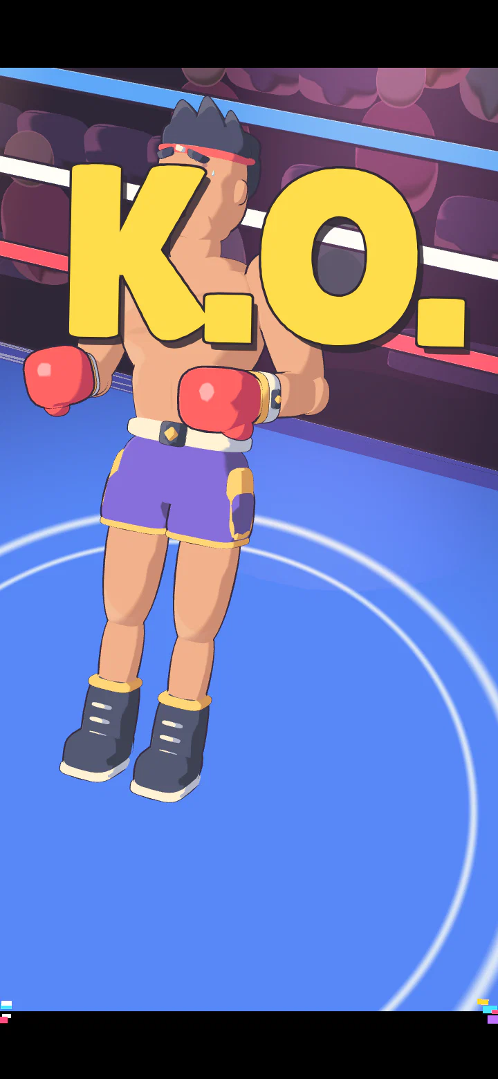 K.O. の文字と、リングに倒れた ROOKIE