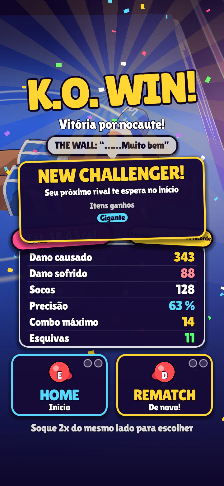 A tela de resultado: K.O. WIN! com o dano causado e as esquivas