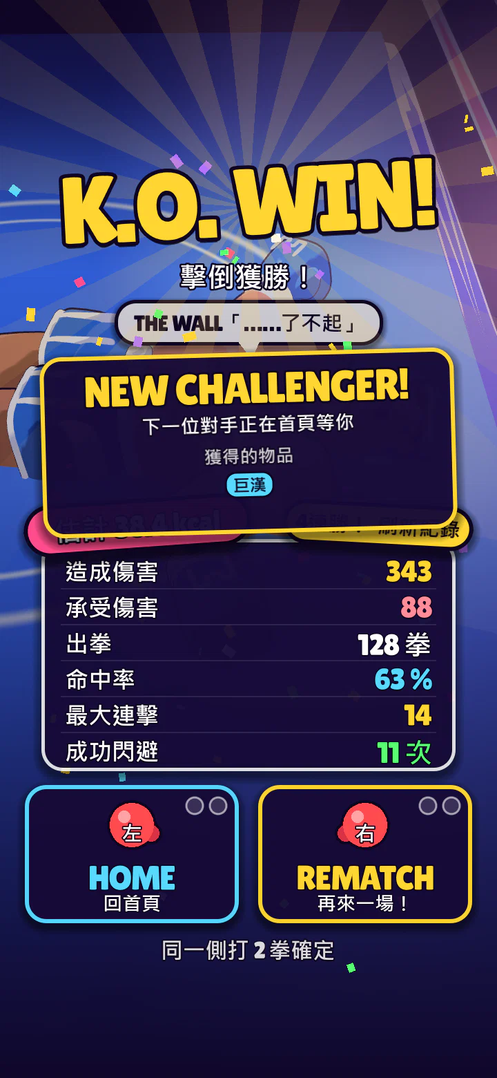 結算畫面。K.O. WIN! 和造成的傷害、閃避次數